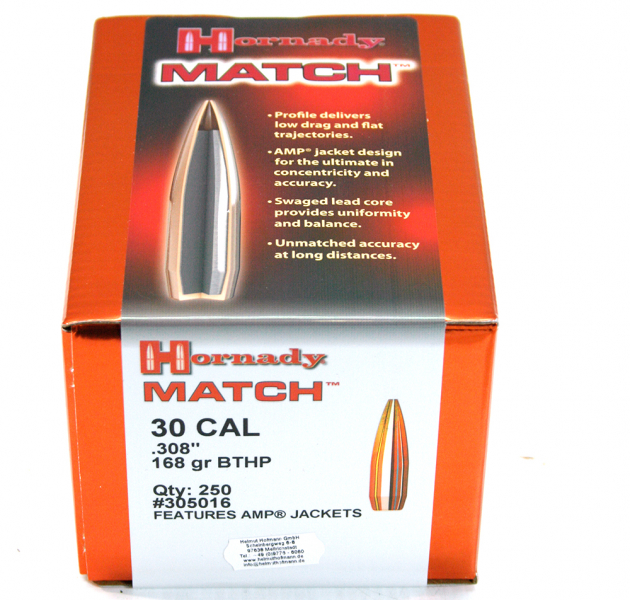 250St. HORNADY MATCH Geschosse CAL 30 .308 168gr BTHP Hohlsptiz Boat Tail Long range Präzis. #305016 – Bild 1