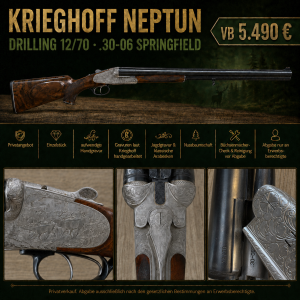 Krieghoff Neptun Drilling 12/70 – .30-06 Springfield – aufwendige Handgravur – Bild 1