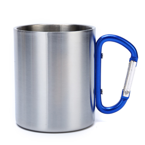 Doppelwandiger Edelstahlbecher / Tasse mit blauem Karabinergriff – Bild 1