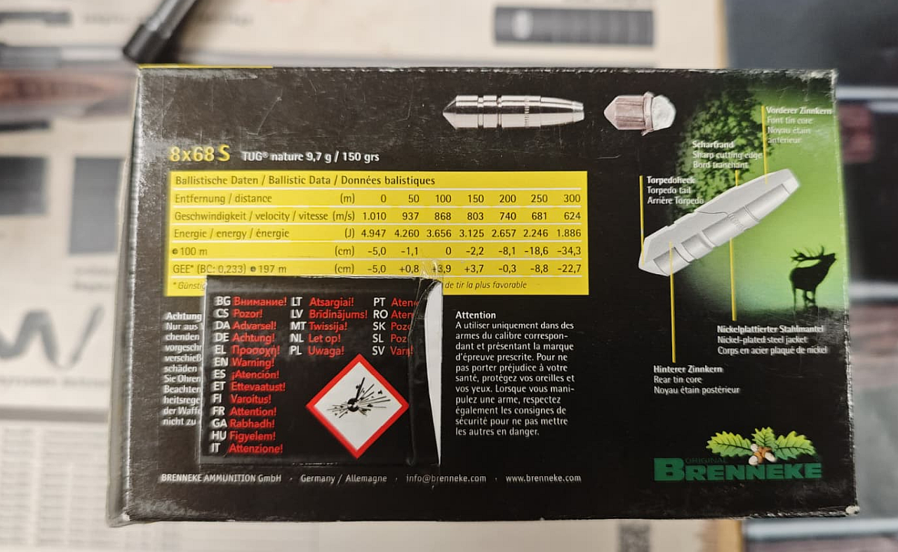 5x Brenneke TUG nature 8x68 S - 9,7 g / 150 grs - bleifrei Jagdmunition – Bild 2
