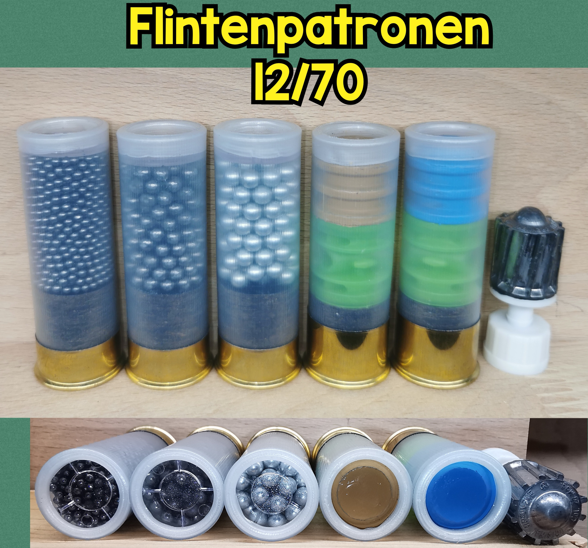 12/70 Flintenpatronen (5 Stck.), Schrot, Slug, Flintenlaufgeschoss, Deko-Patronen – Bild 1