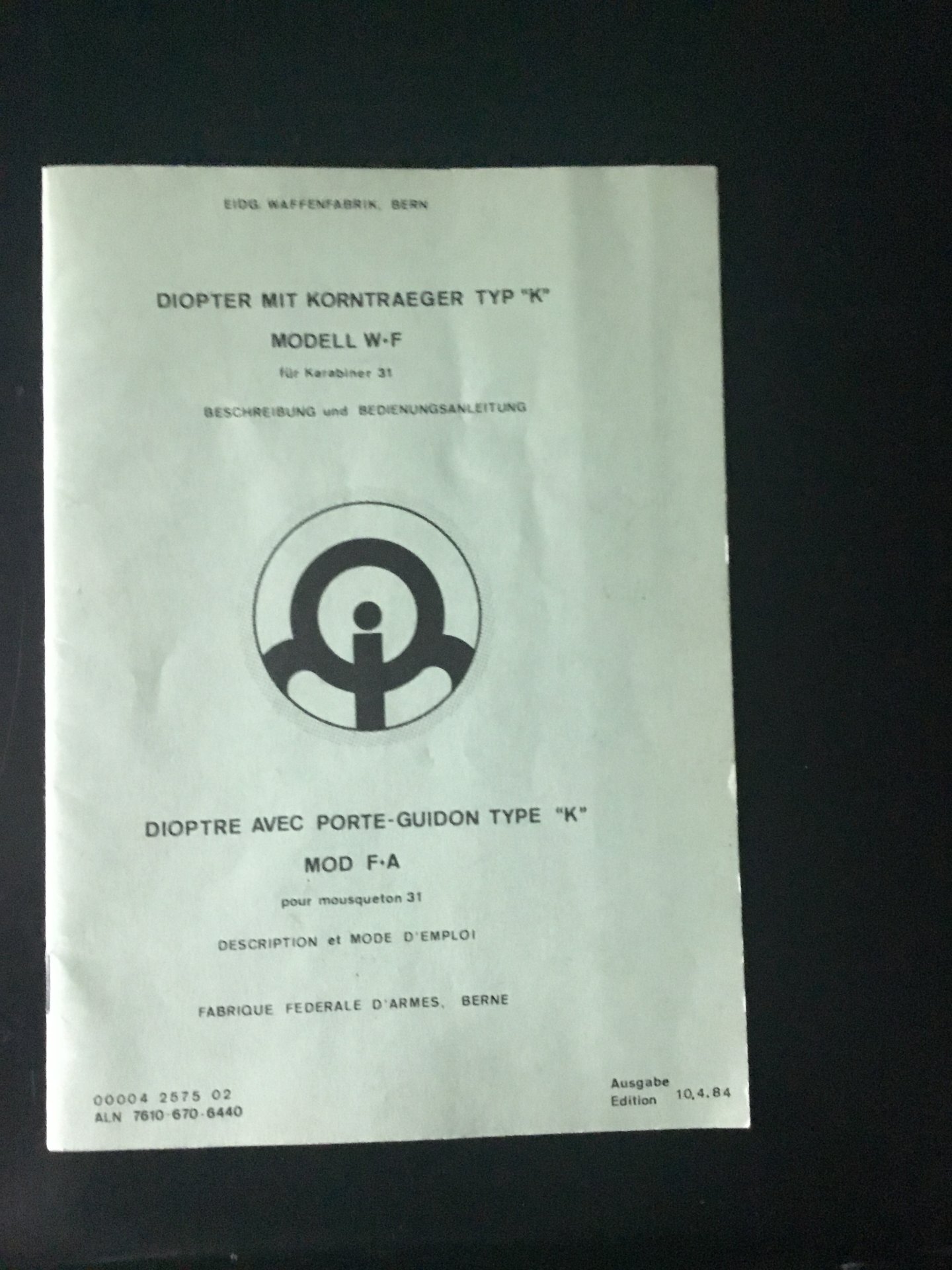 Beschreibung und Bedienungsanleitung für Diopter und Kornträger Modell W&F für K 31 – Bild 1