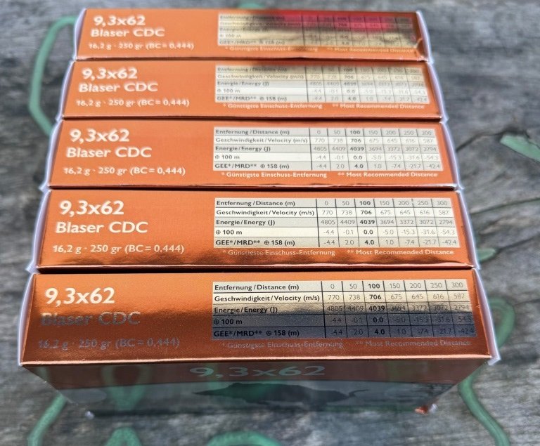 5 Schachteln Blaser Munition 9,3x62 CDC 100 Schuss aus einem Los – Bild 2
