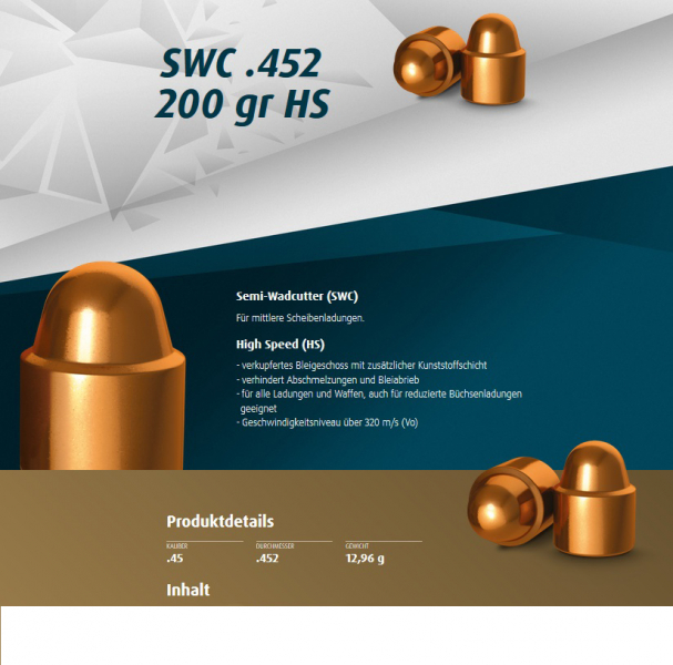 250 St. H&N Geschosse .452 .45 ACP SWC HS 200grs | Haendler&Natermann BLEIGESCHOSSE 45er 45 ACP Auto – Bild 1