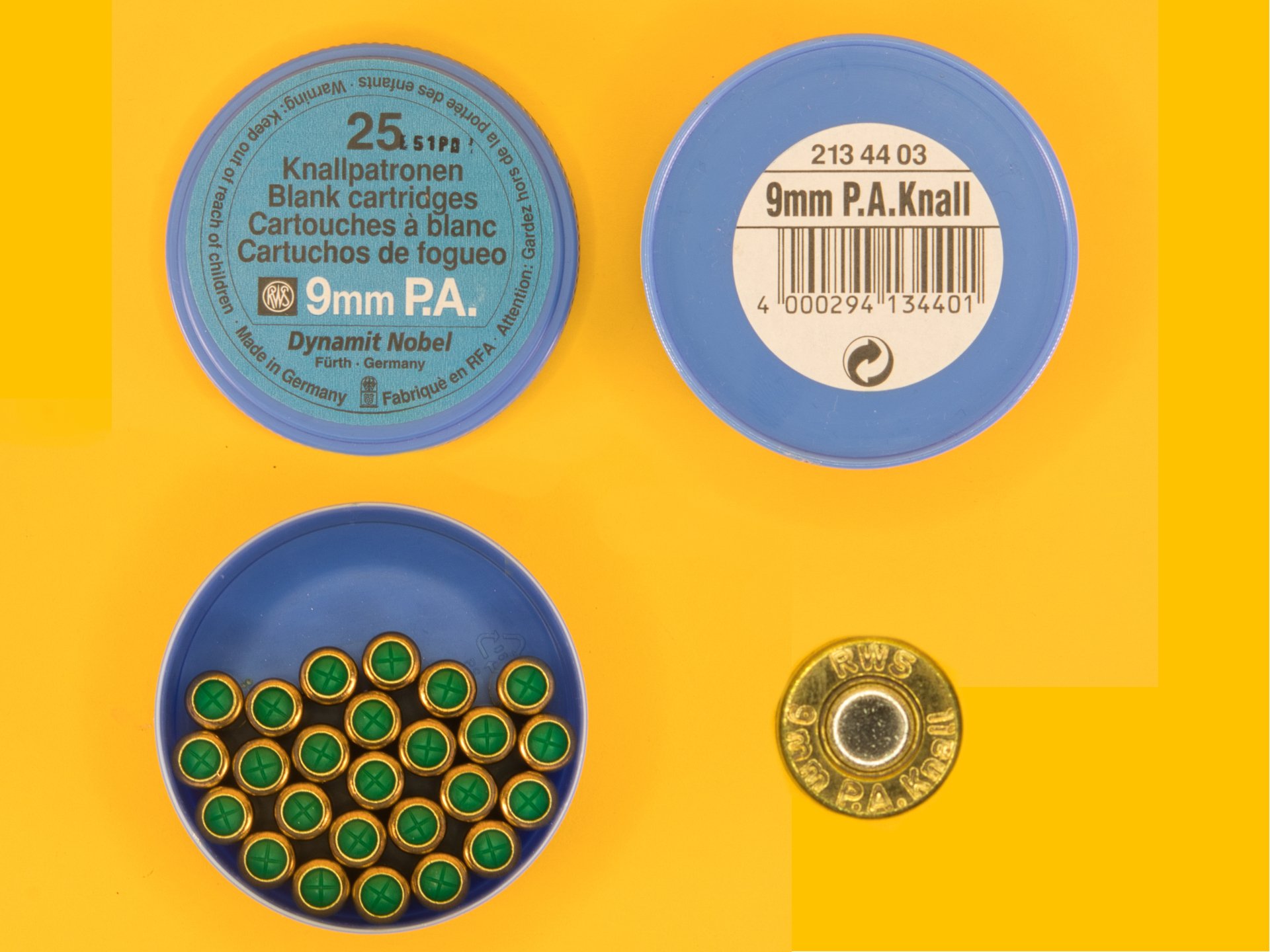 Original RWS (Dynamit Nobel) Platzpatronen Kaliber 9mm P.A.K. 1 Dose mit 25 Stück – Bild 1