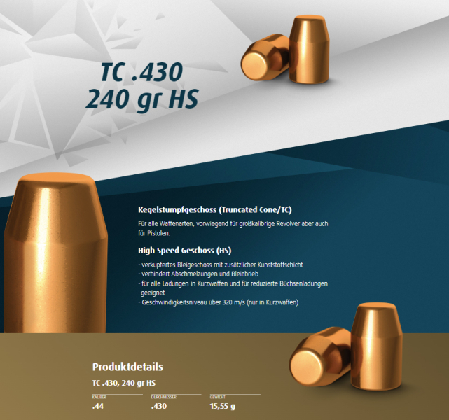 250 St. H&N Geschosse .430 .44 Rem. Mag. TC HS 240grs Kegelstumpf Truncated High Speed Bleigeschoss – Bild 1