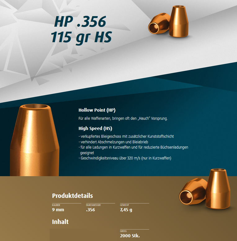 2.000 St. H&N Geschosse .356 / 9mm HP HS 115grs | Haendler & Natermann BLEIGESCHOSSE 9x19 High Speed – Bild 1