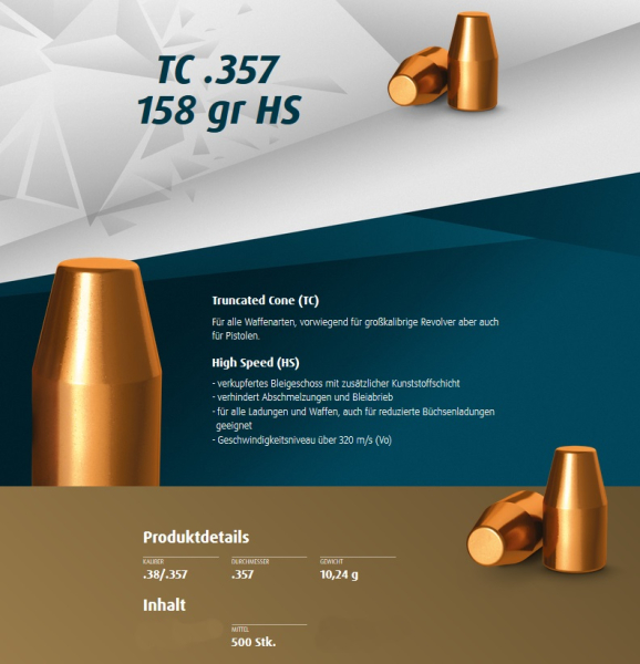 500St. H&N Geschosse .357 TC HS 158grs - .38/.357 | Haendler&Nattermann High Speed – Bild 1