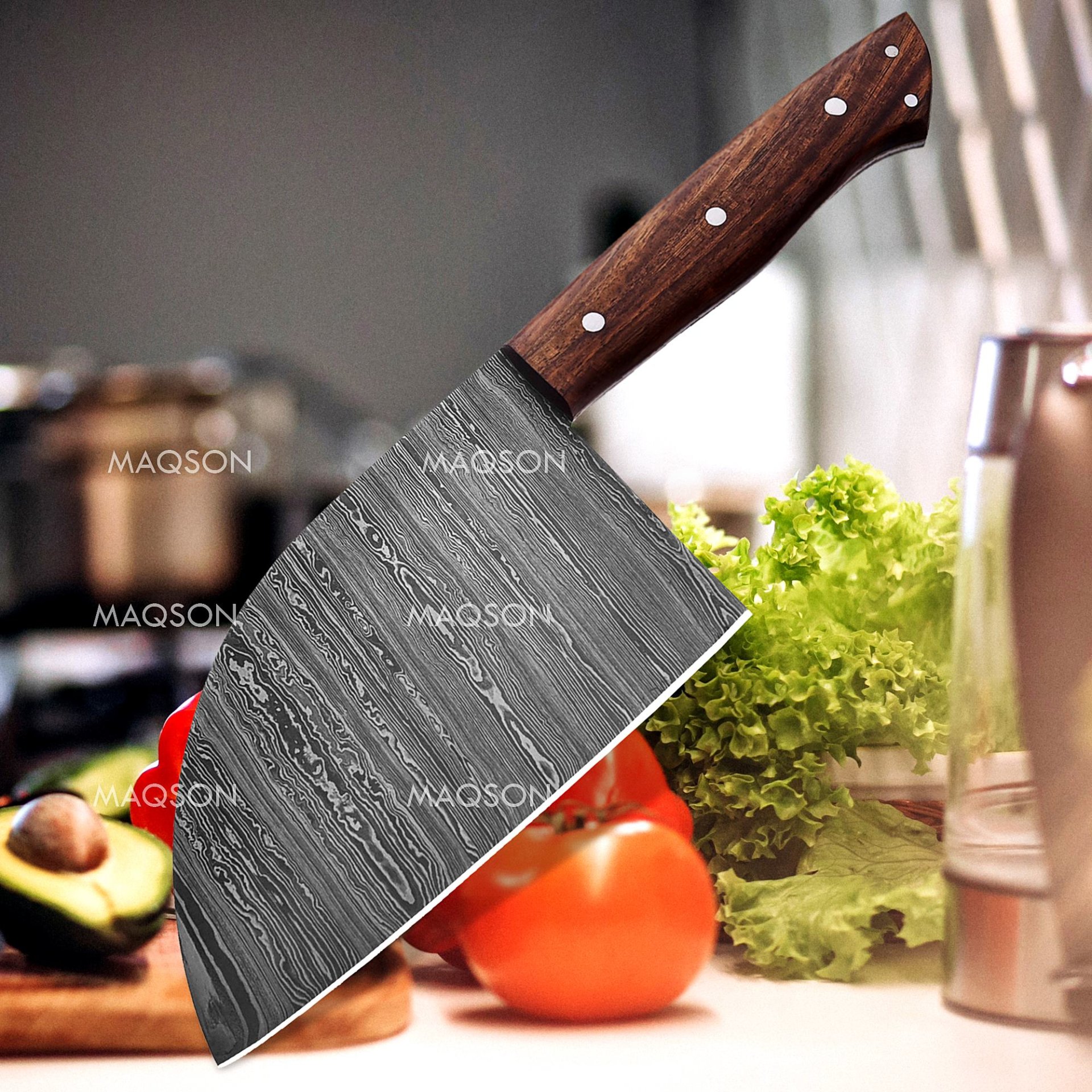 Damascus Steel Chef Hack Beil Klinge Hack Küchen Messer With WOOD Handle – Bild 3