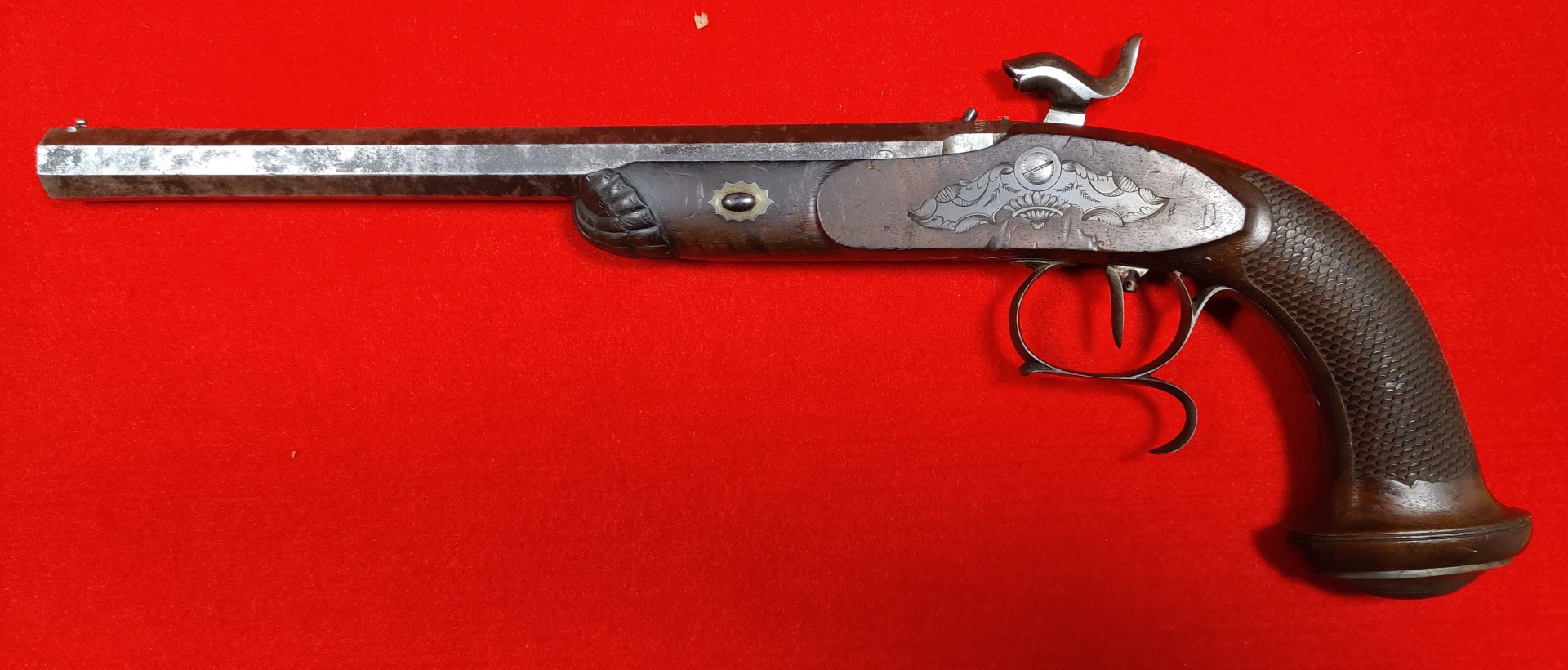 Originale alte französische Vorderlader-Duellpistole, Kal. 12mm, Percussion, Damast-Lauf mit Haarzüg – Bild 2