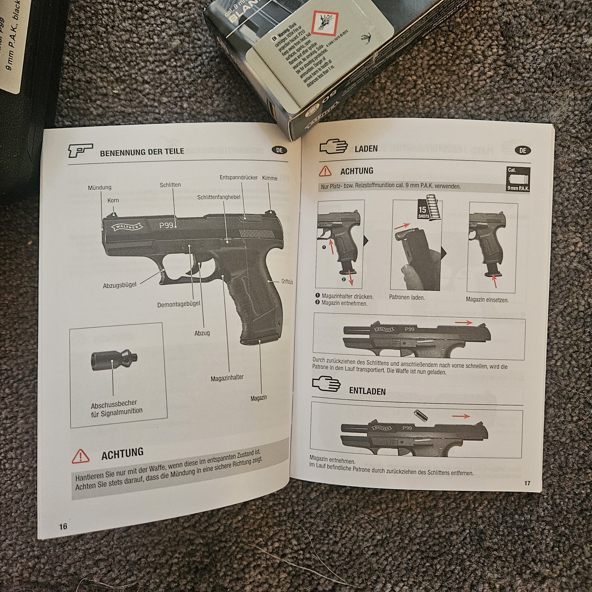 Walther P99 Schreckschuss 9mm P.A.K. – NEU & ungeschossen! Koffer, Abschussbecher, 50x Munition – Bild 5