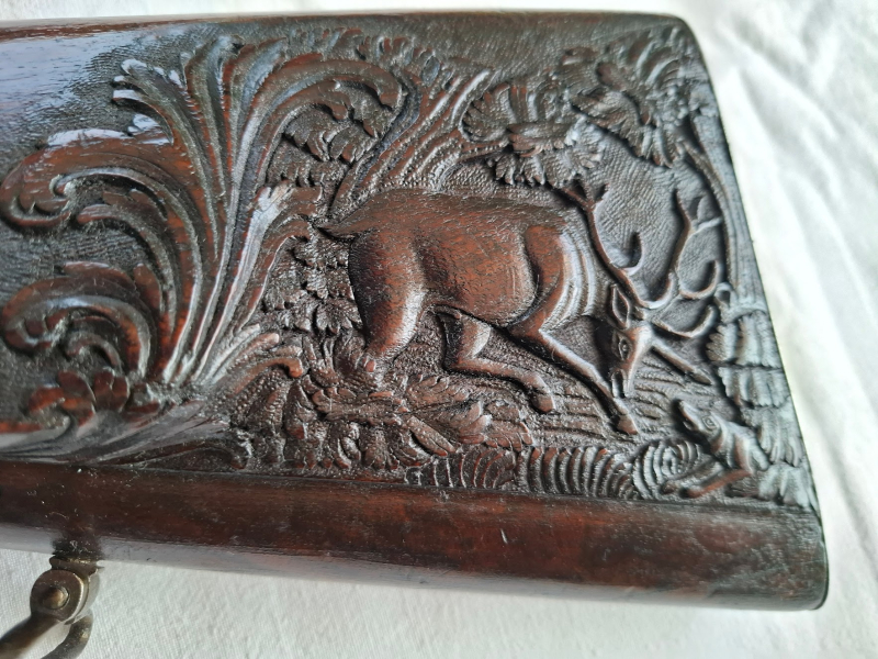 Prunk-Perkussionsbüchse G.Gerling Kiel Banddamast Luxus Jagdstutzen Reliefschnitt, museal – Bild 3