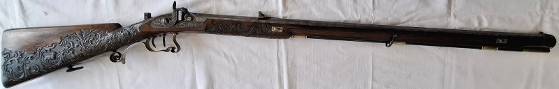 Prunk-Perkussionsbüchse G.Gerling Kiel Banddamast Luxus Jagdstutzen Reliefschnitt, museal – Bild 2