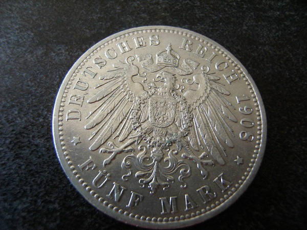 Schwere 5 Mark Silbermünze Deutsches Reich 1908 – Bild 2