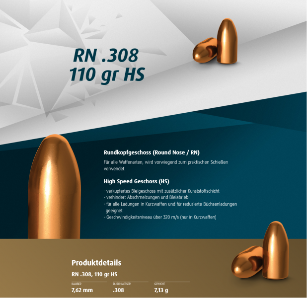 H&N Geschosse .308 RN HS 110gr. 500St. (.30Carbine) – Bild 1