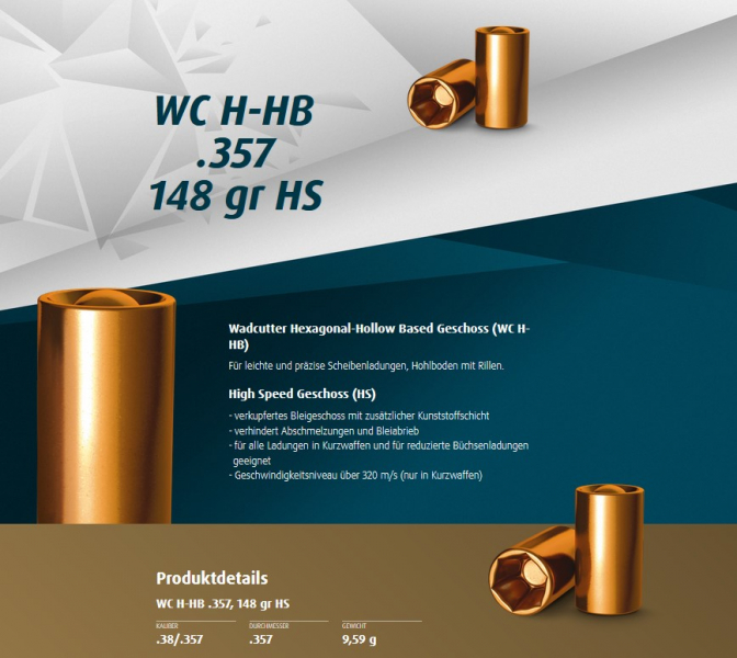 H&N Geschosse .357 WC H-HB HS 148gr. 500St. (.357Mag. .38Spec.) – Bild 1