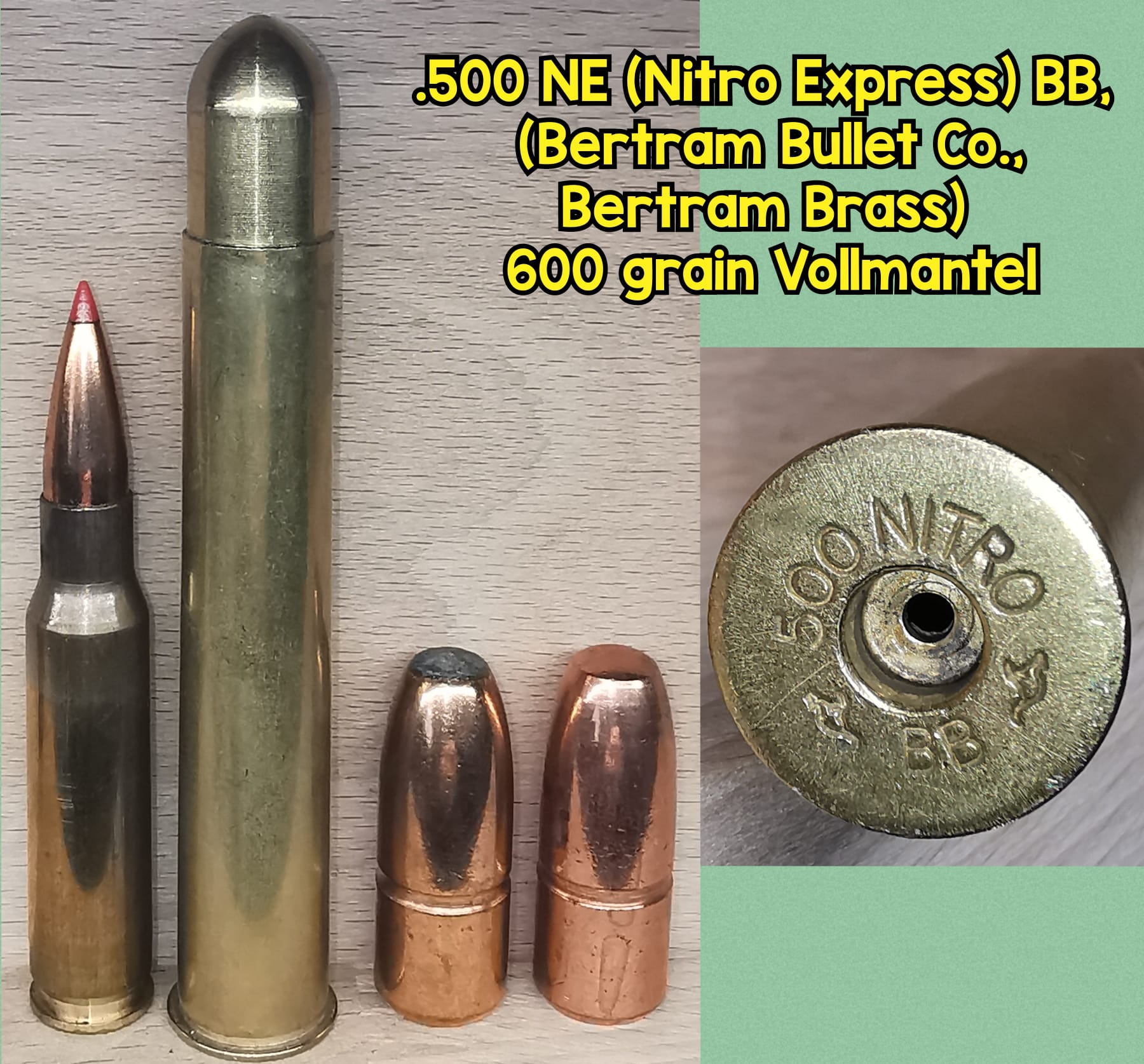 .500 NE (Nitro Express), BB (Bertram Bullet Co.), VM, Messing Solid, Deko-Patrone – immagine 1