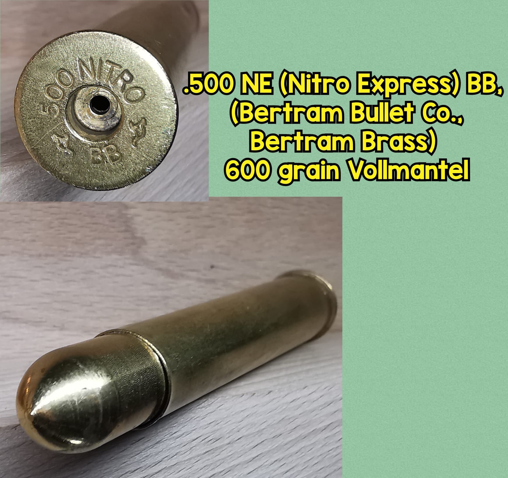.500 NE (Nitro Express), BB (Bertram Bullet Co.), VM, Messing Solid, Deko-Patrone – immagine 2
