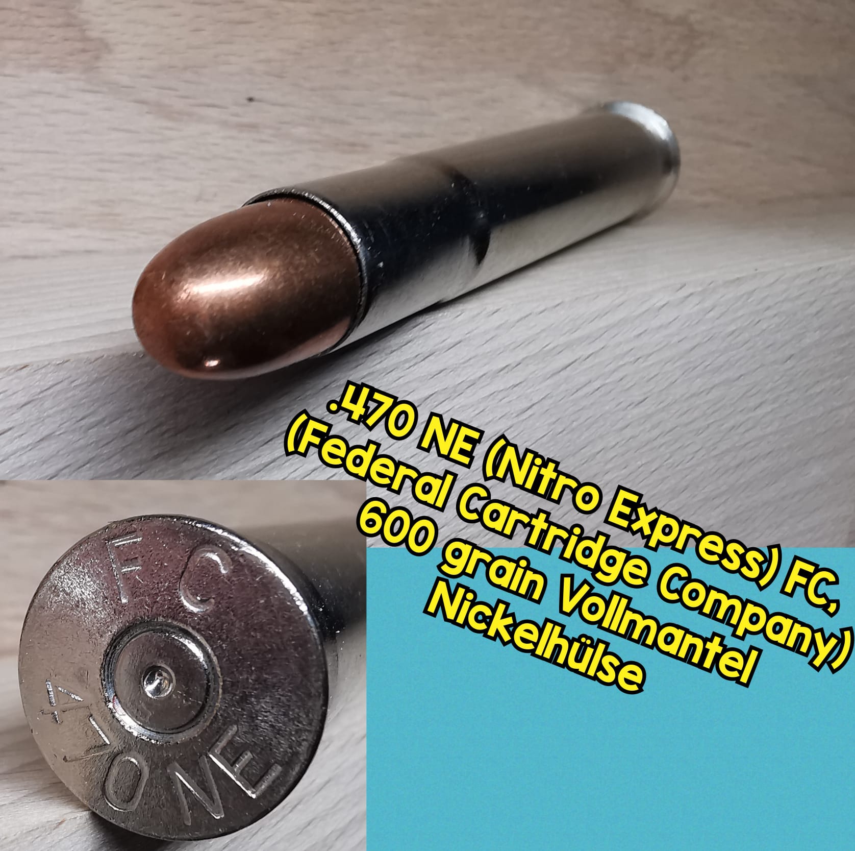 .470 NE (Nitro Express), VM, FC (Federal Cardridge Company) Nickelhülse, Deko-Patrone – Bild 2