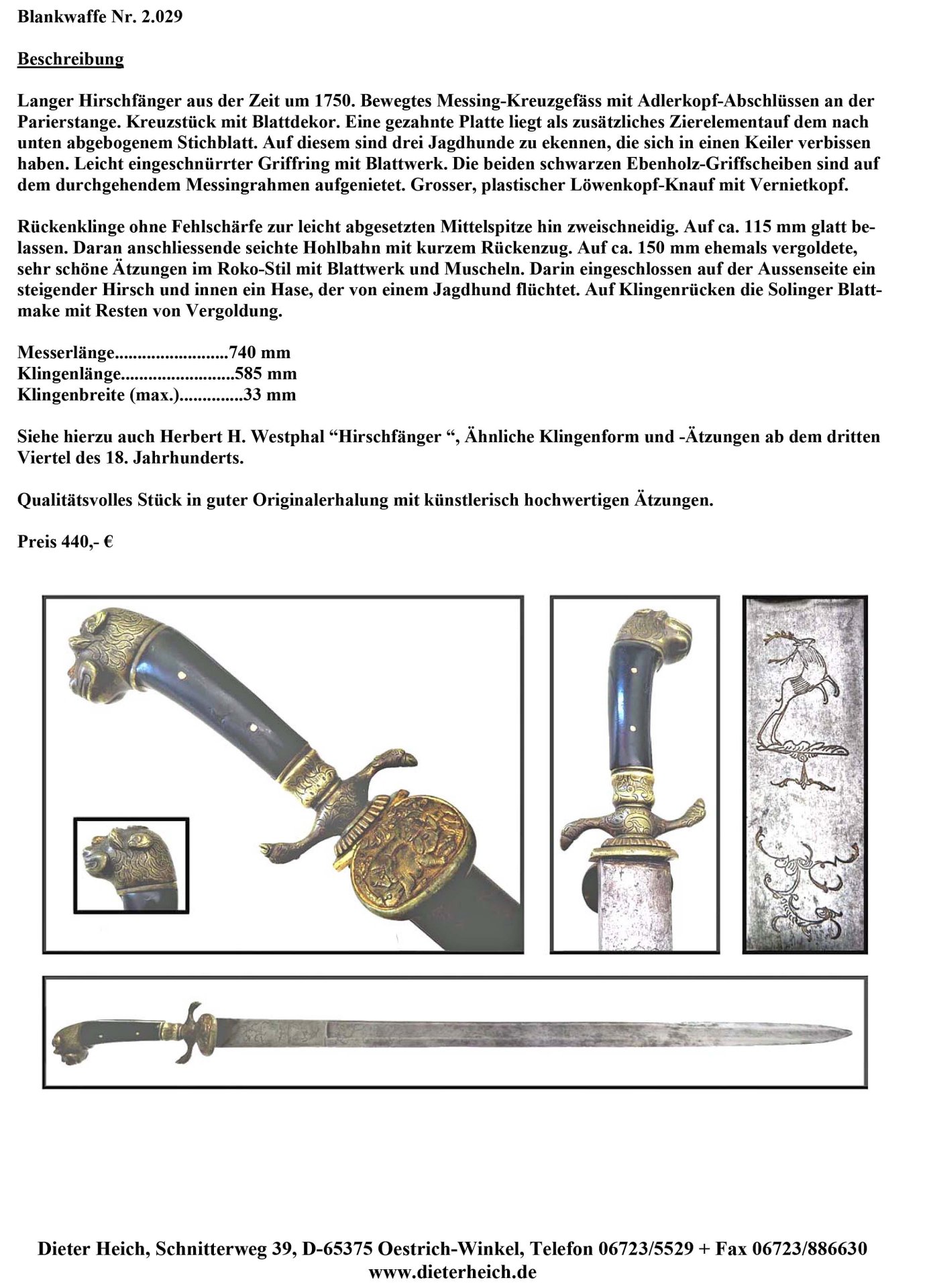 Langer Hirschfänger mit Löwenkopf – immagine 3