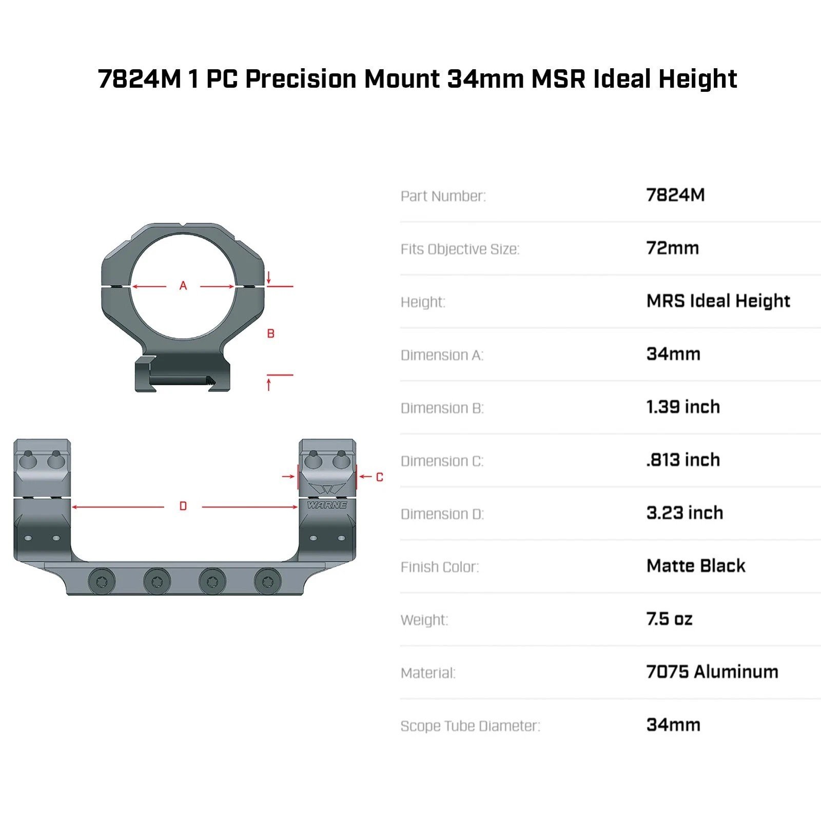 Warne 7824M 1 PC Präzisionsmontage 34mm MSR Ideale Höhe – Bild 1