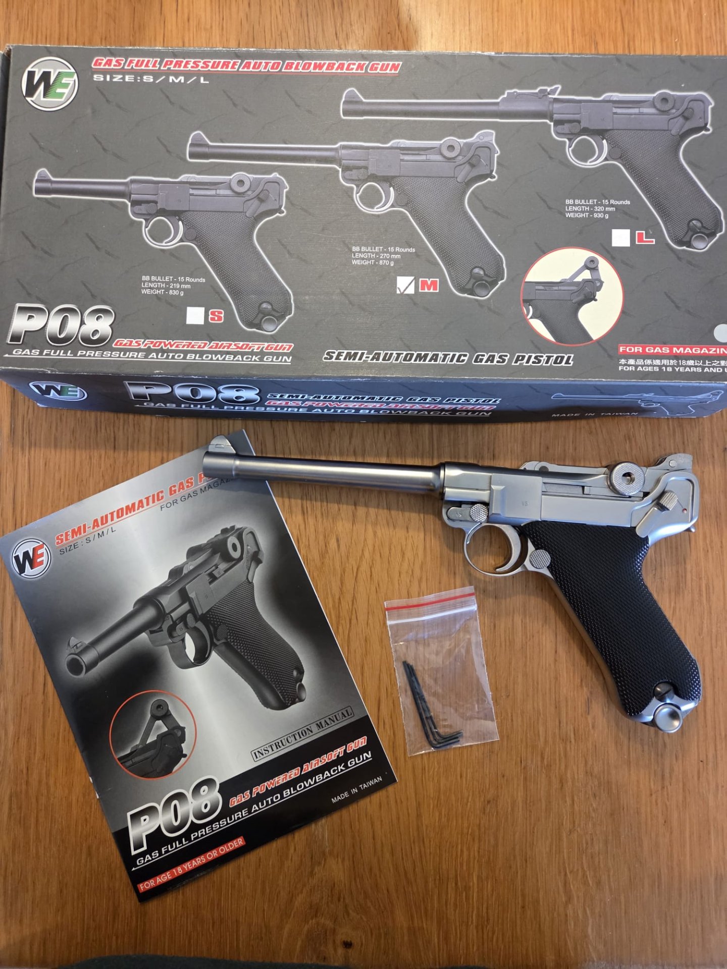 WE P08 6 Zoll Silber/Chrome – Vollmetall Gas Blowback 6 mm BB – Bild 1