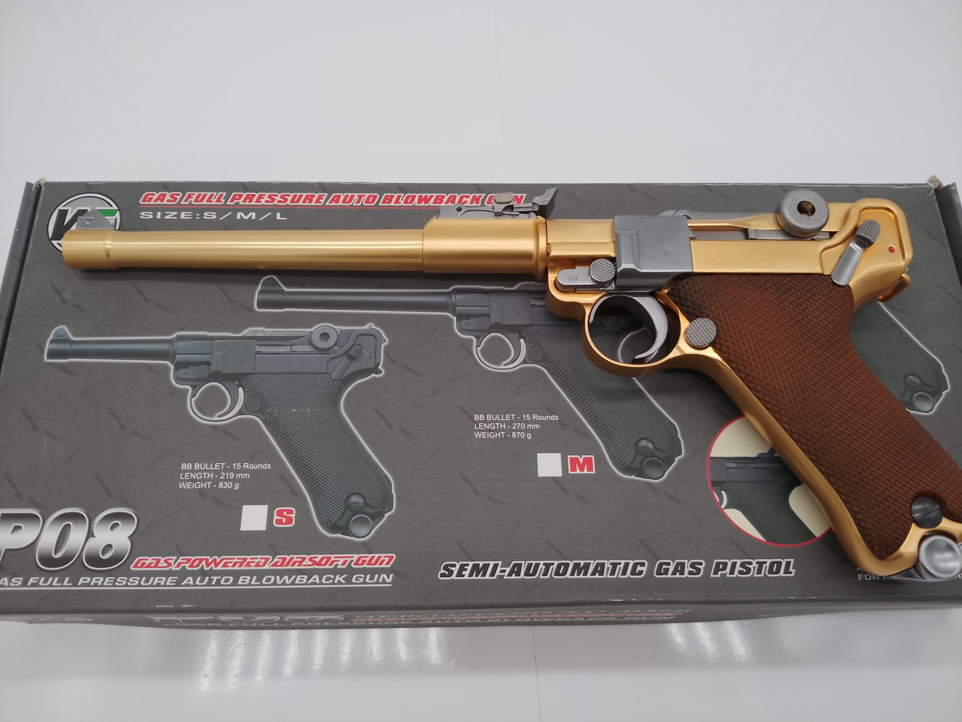 P08 , 8 Inch Full Metal GBB Gold Softair Pistole, 6 mm – Bild 8