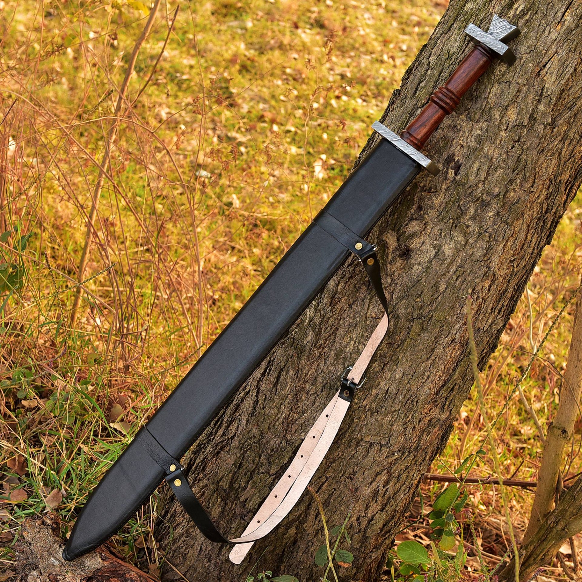 Double Edge Damascus Schwert mit Leder Mantel ( Leather-Griff)Custom Handmade 33,5 Inches Leather Ha – Bild 6