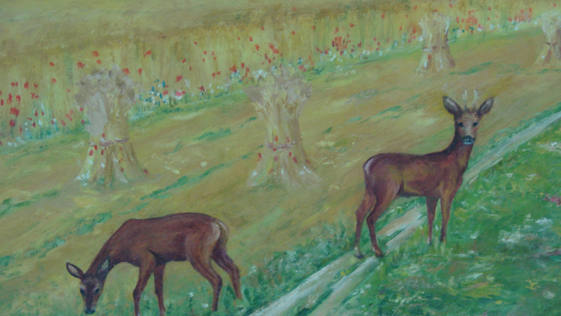 Ölbild Rehe am Kornfeld – Bild 1