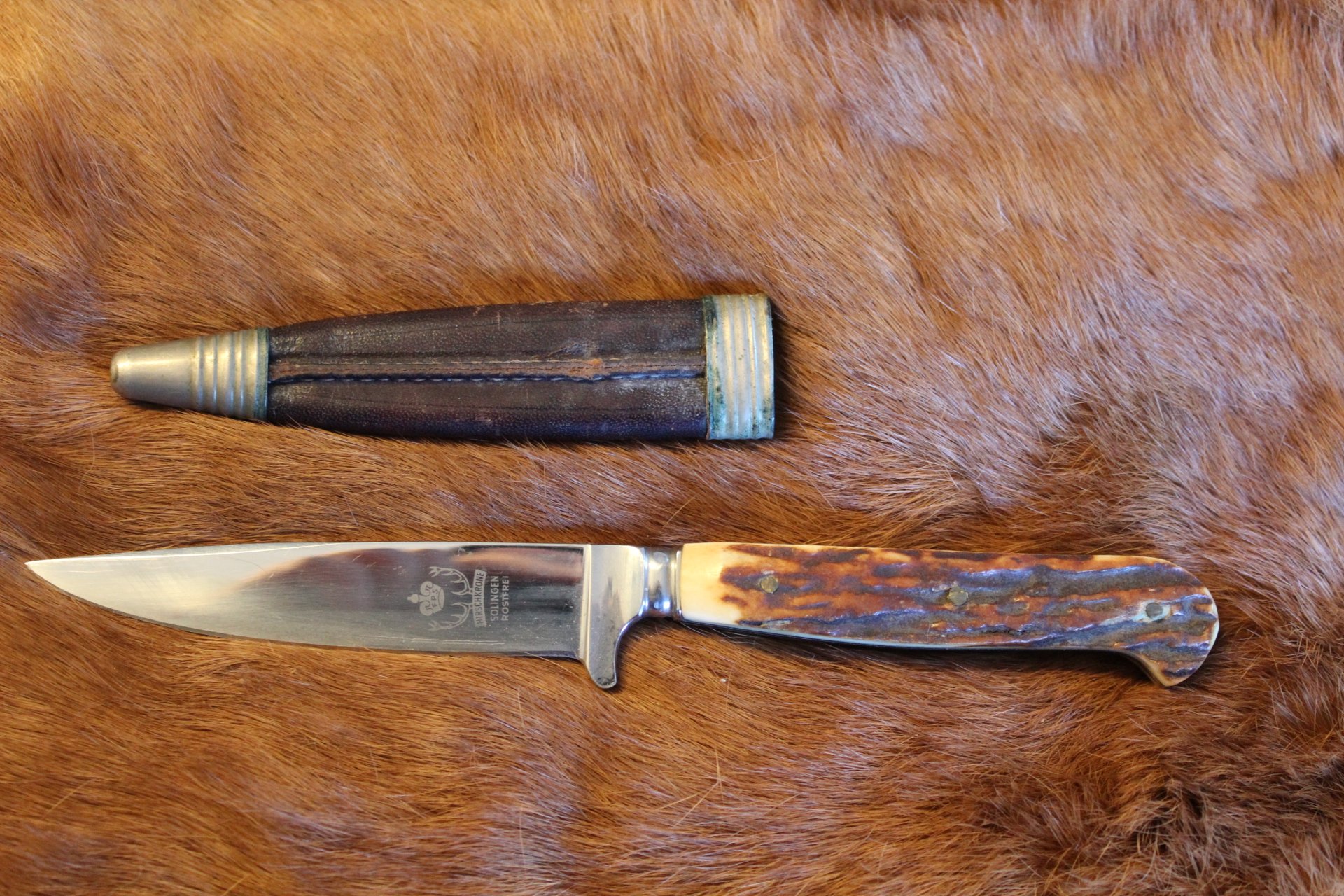 Hochwertiges Solinger Hirschkrone Jagdmesser, Horn Griffschalen – Bild 1