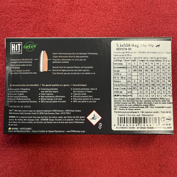 RWS 5,6x50R Mag. HIT Bullet Hunting Cartridge – 2,6g / 40gr - 100 Schuss - inkl. Versand – Bild 3