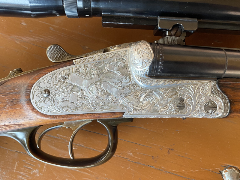Krieghoff Neptun Dural Seitenschloß-Drilling 7x75R v. Hofe 16/70 Handspannung 2,5-9x50 Nickel – Bild 5
