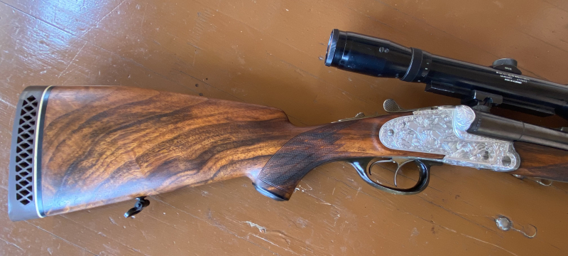 Krieghoff Neptun Dural Seitenschloß-Drilling 7x75R v. Hofe 16/70 Handspannung 2,5-9x50 Nickel – Bild 4