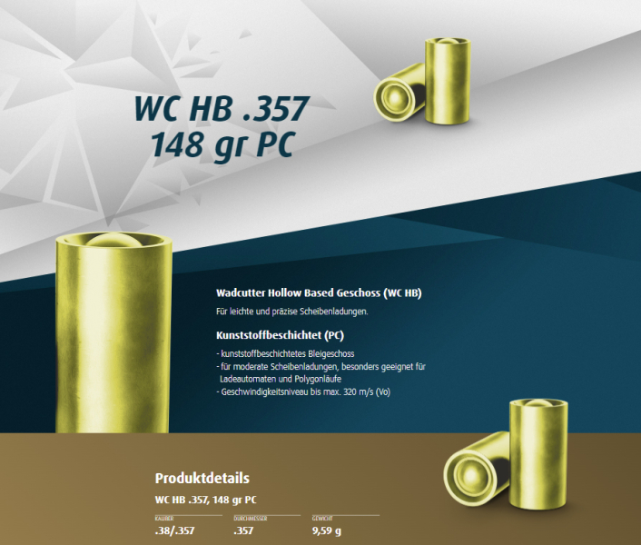 500St. H&N Geschosse .357 WC HB PC KB 148grs .38 Special W.C. 357 | Wadcutter BLEI Kunststoffbeschi – Bild 1