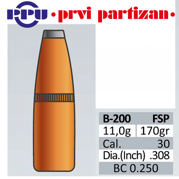 50 Stück PPU | PrviPartizan Geschosse #B-200 - .308(7,62) FSB Teilmantel 170gr/11,0g - FlatSoftPoint – Bild 1