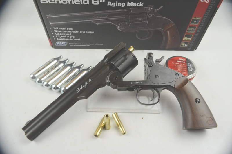 Vollmetall! Schofield 6" Kipplauf-Revolver "Aging black" * CO² * Diabolos * mit Starterpaket – Bild 1