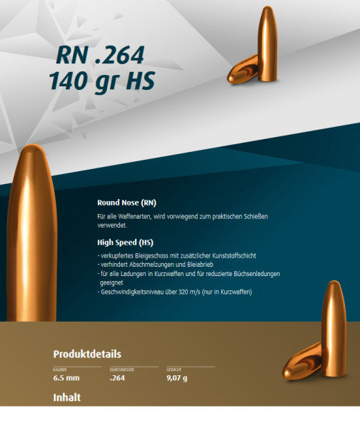 250St. H&N Geschosse .264 - 6,5MM 140grs - 9,07g Haendler&Natermann BLEIGESCHOSSE 6,5x55 Rundkopf – Bild 1