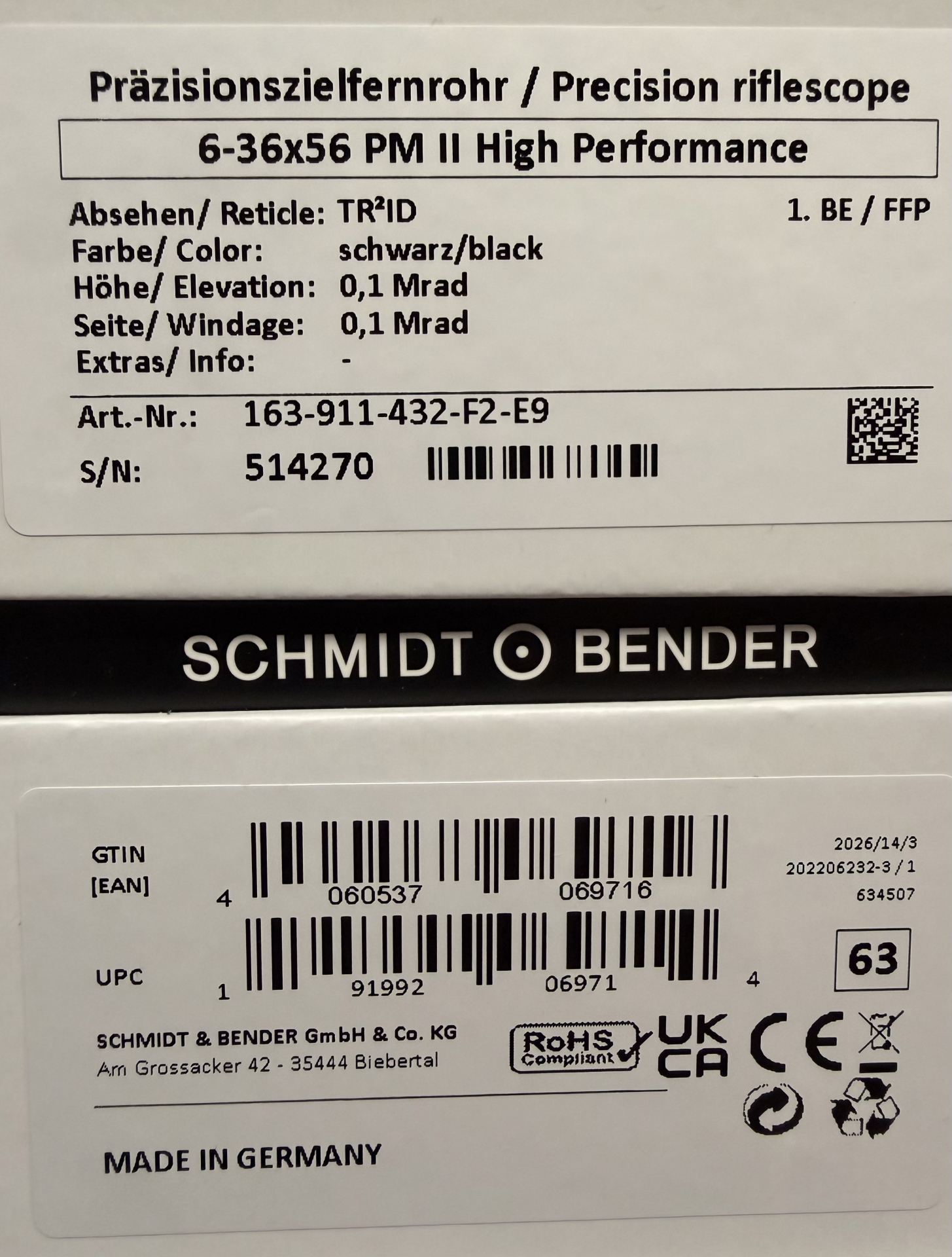 Schmidt und Bender 6-36x56 PMII High Performance schwarz MRAD Art. 163-911-432-F2-E9 – Bild 1
