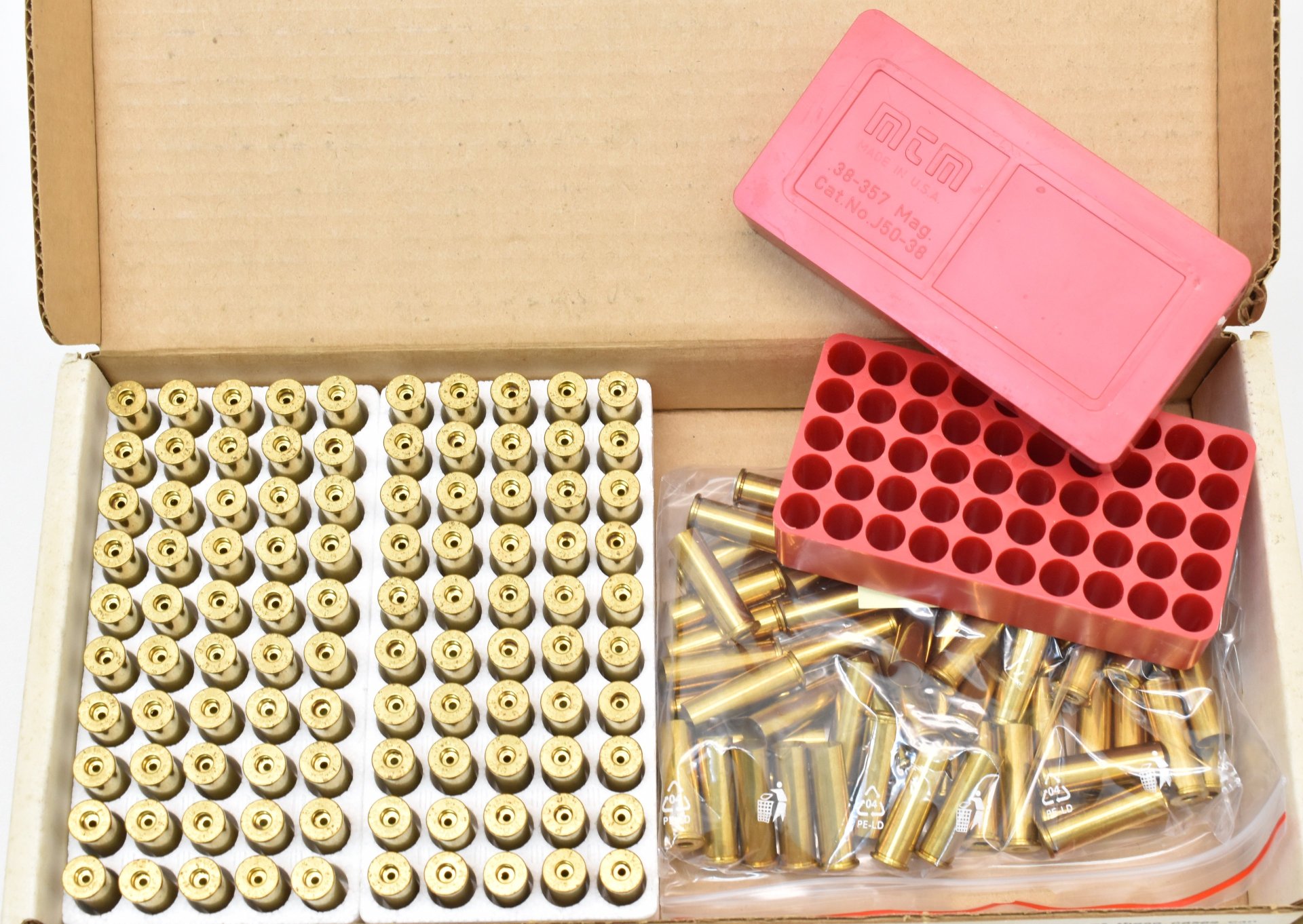 150 Hülsen Kaliber .357 Mag. Winchester und PMC + MTM Patronenbox – Bild 1