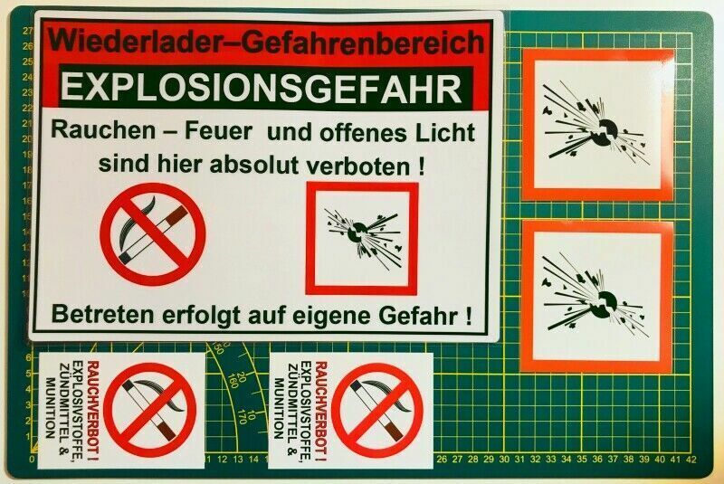 Wiederlader Set 30x20 Warnschild 10x10 GHS Aufkleber 7x10 Rauchverbot RCBS Lee Dillon Primer – Bild 1