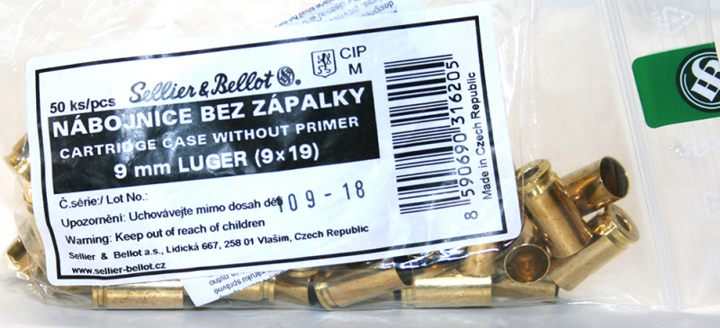50 Stück S&B | Sellier&Bellot Wiederladehülsen S+B 9mm Luger 9x19 Nato Boxer o. Zündhütchen V316202 – Bild 1