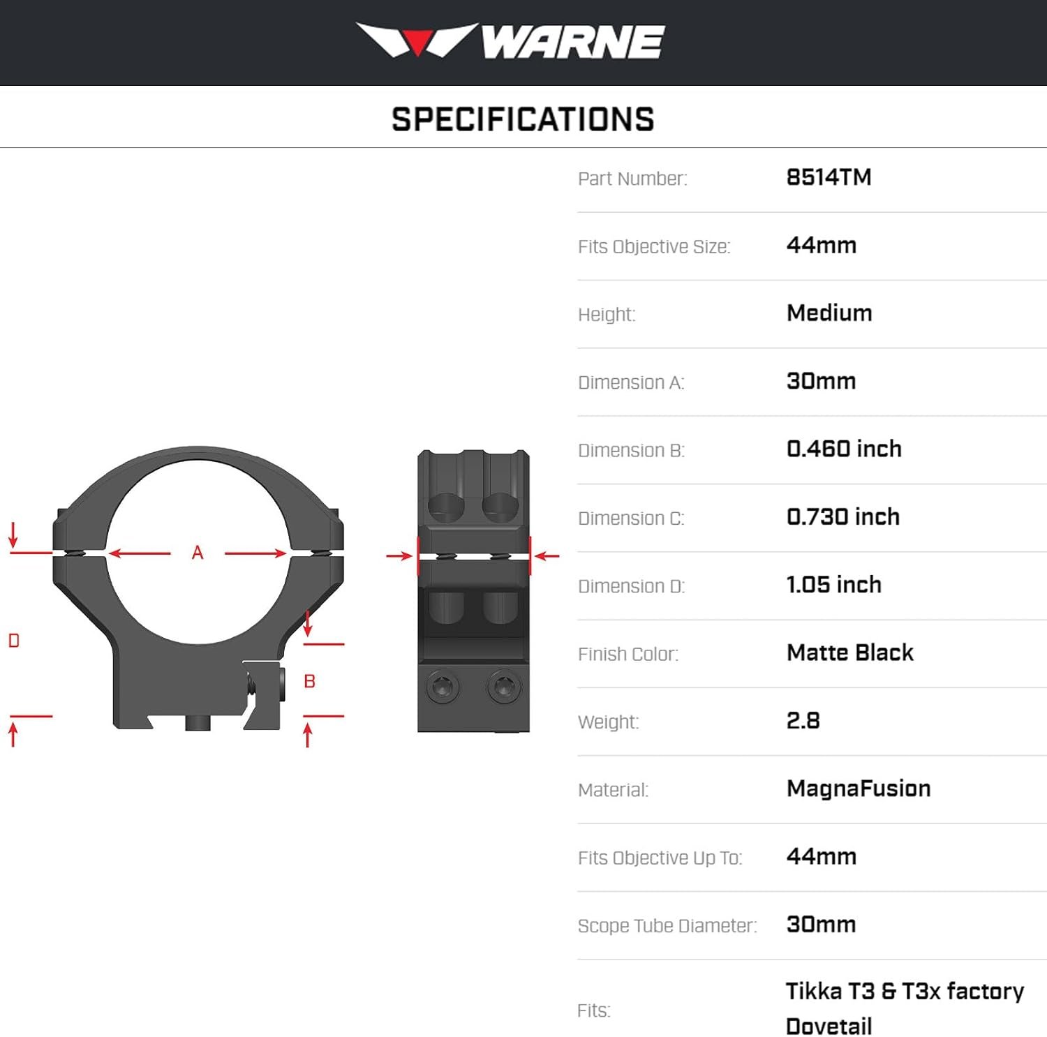 8515TM Warne Hyper Lite 30mm Tube, High Height – Bild 2