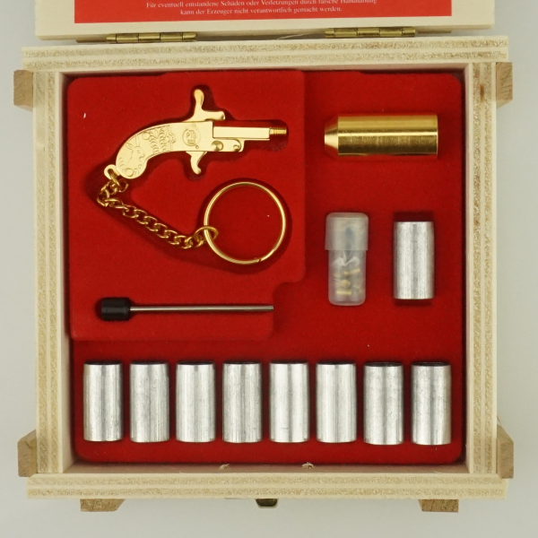NEU 24 Kt. Gold Vergoldet Berloque Pistole in Holzetui wie xythos 2 mm. Pinfire Gun Knallkapseln – Bild 1