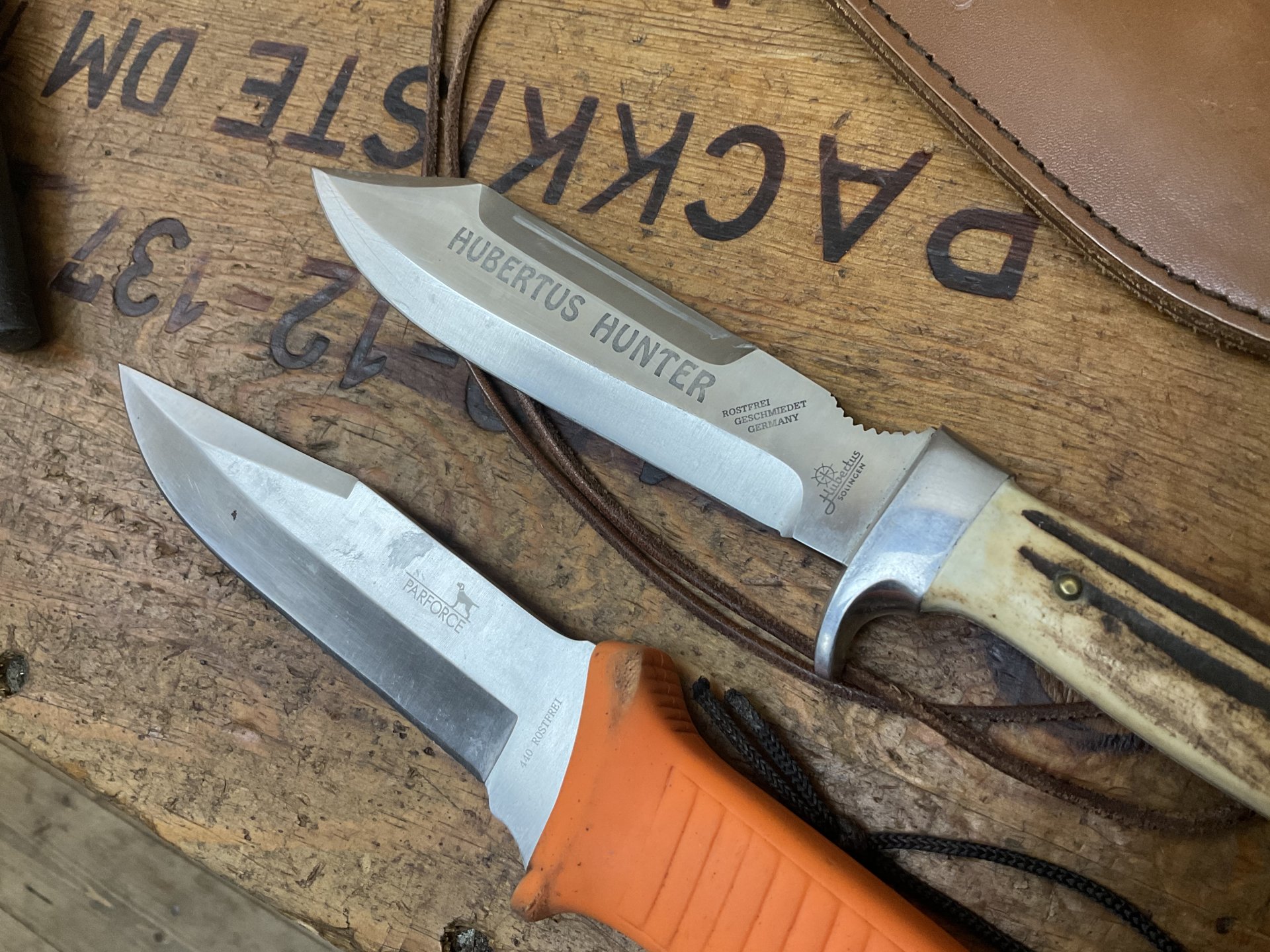 HUBERTUS HUNTER Hirschhorn original Solingen mit LederScheide und Parforce Messer !!! – Bild 2