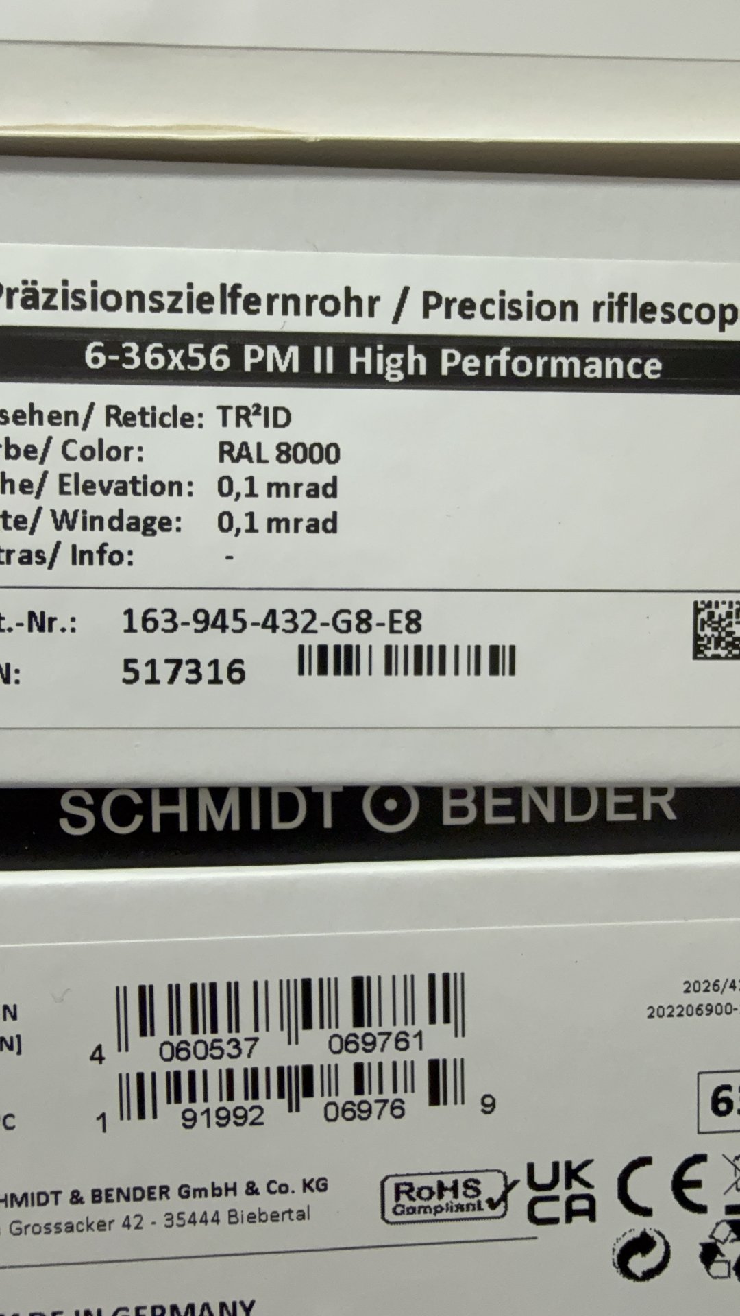 Schmidt + Bender 6-36x56 PMII High Performance TR2ID Leuchtabsehen RAL8000 Art. 163-945-432-G8-E8 – Bild 1