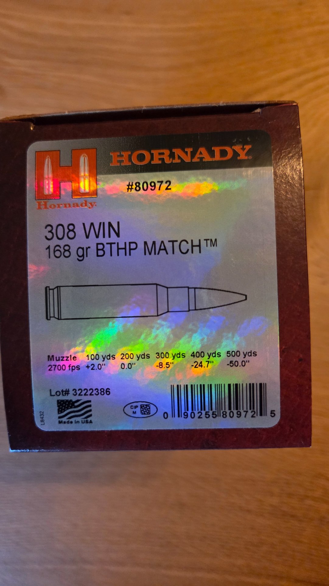 650 Schuss Hornady Match .308 Win 168gr BTHP (Art.-Nr. #80972) – Gleiche Losnummer – Bild 1