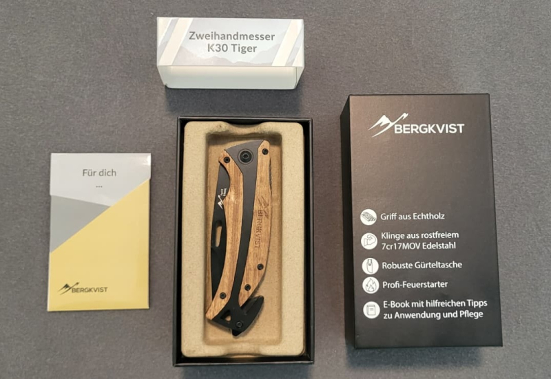 BERGKVIST K30 Tiger Klappmesser mit Tasche und Feuerstahl – Bild 2