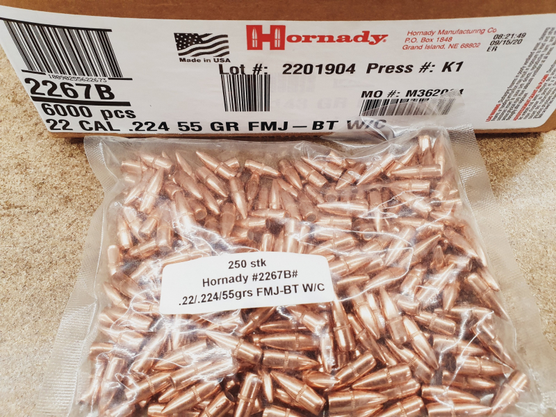 .22/.224/55grs. FMJ-BT Hornady Geschosse 250 stk #2267# – Bild 1