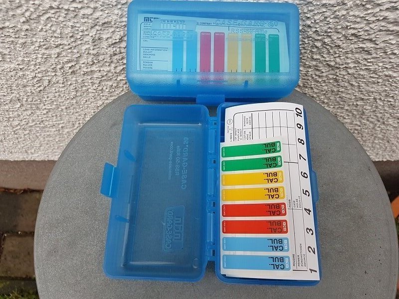 " Mit Scharnier " MTM-RL-50er Patronenbox für.30-06 Sp / 8x57 IS / 6,5x55/ 7x64 Bren klar/blau – Bild 1