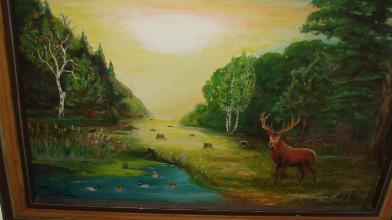 Ölgemälde Enten und Hirsch am Teich – Bild 1